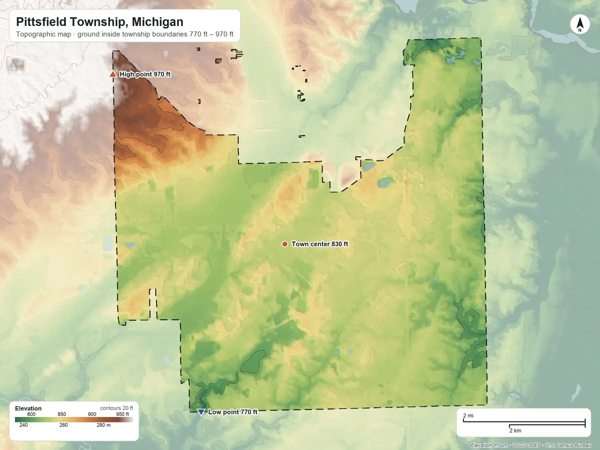 Topographic elevation map of Pittsfield Township, Michigan, shaded from 770 ft on the southwest side to 970 ft on the northwest side