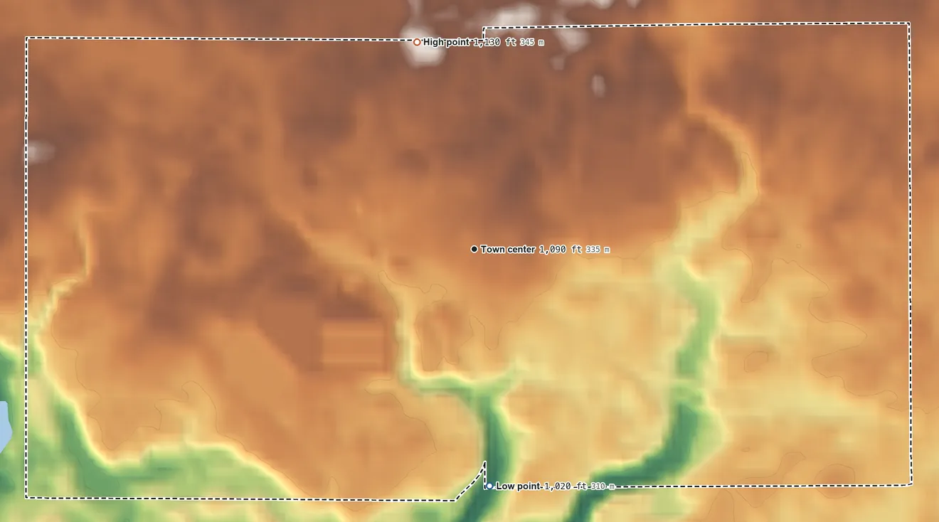Topographic elevation map of Pittsford, Michigan, shaded from 1,020 ft on the south side to 1,130 ft on the north side