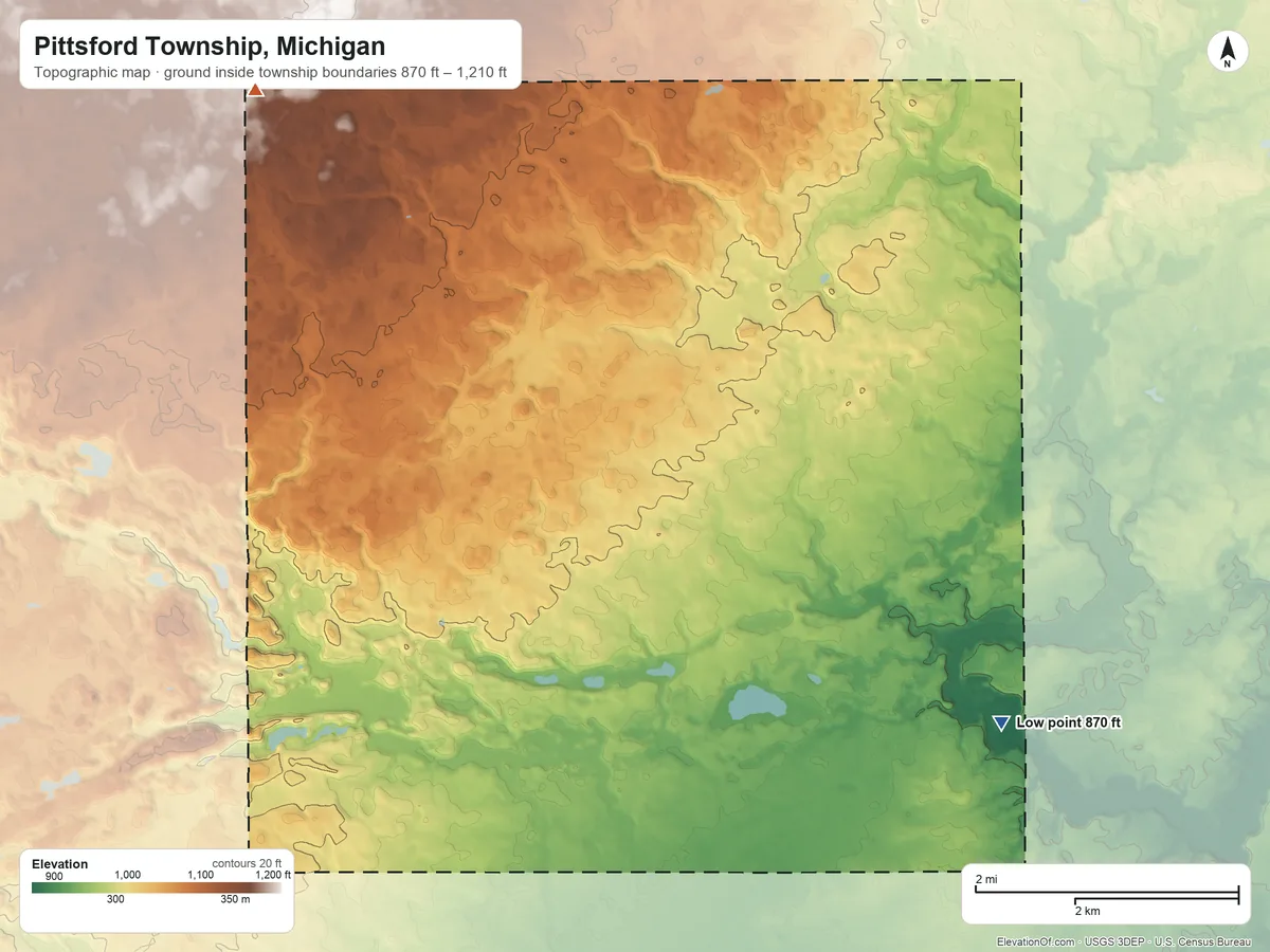 Topographic elevation map of Pittsford Township, Michigan, shaded from 870 ft on the southeast side to 1,210 ft on the northwest side