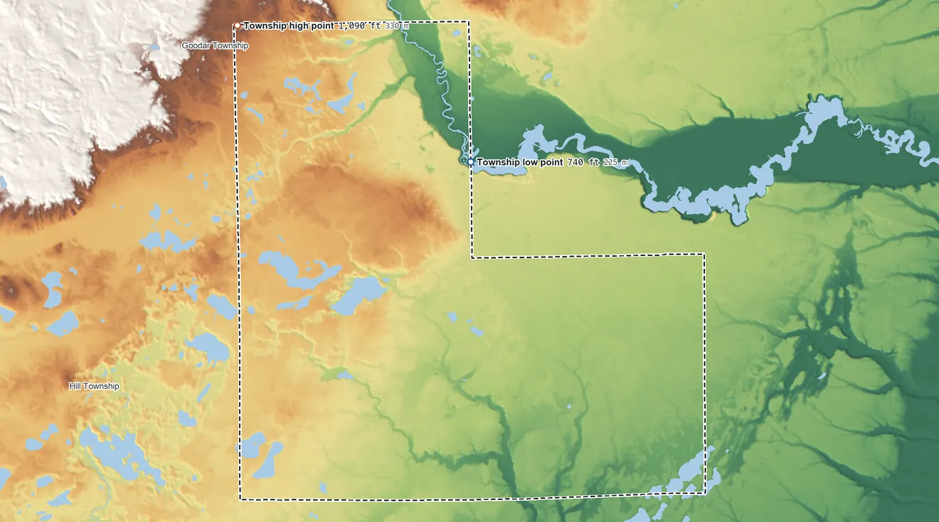 Topographic elevation map of Plainfield Township, Iosco County, Michigan, shaded from 740 ft on the northeast side to 1,090 ft on the northwest side