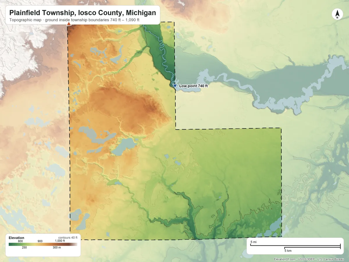 Topographic elevation map of Plainfield Township, Iosco County, Michigan, shaded from 740 ft on the northeast side to 1,090 ft on the northwest side