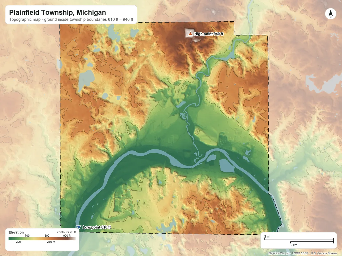 Topographic elevation map of Plainfield Township, Michigan, shaded from 610 ft on the southwest side to 940 ft on the north side