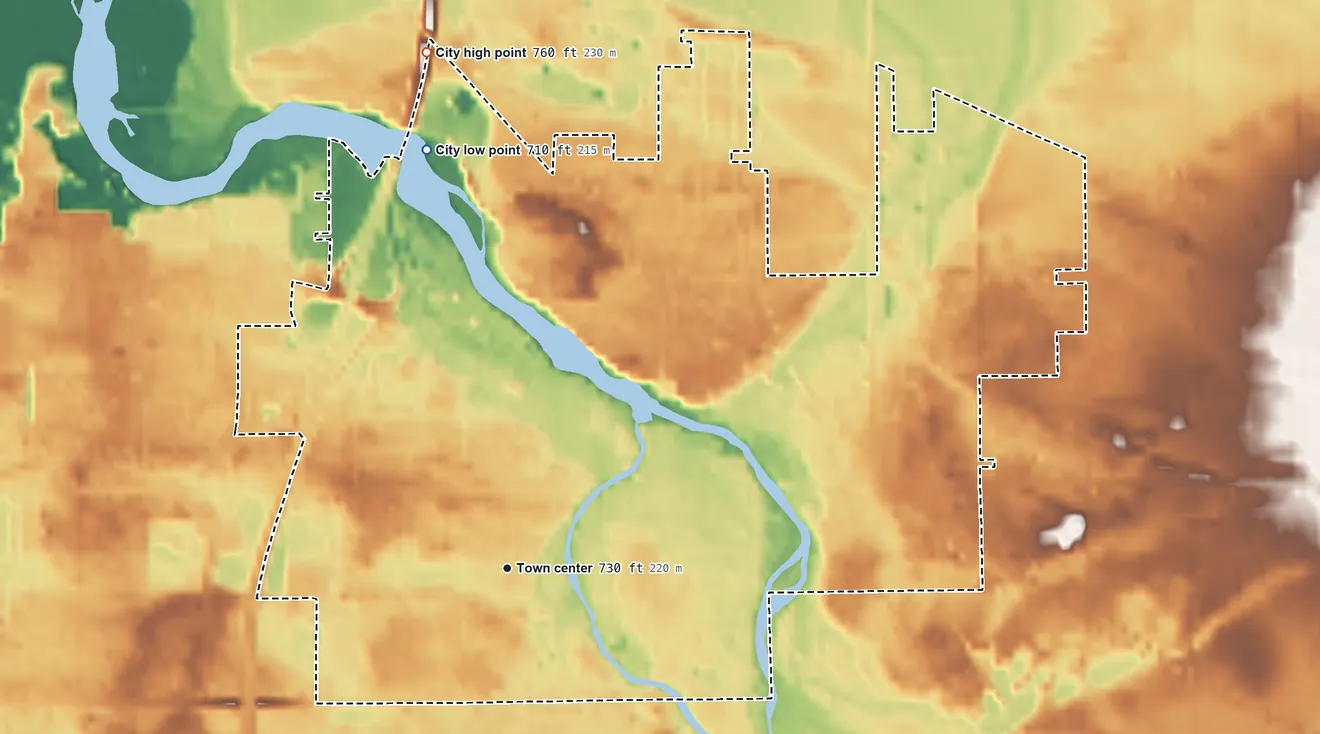 Topographic elevation map of Plainwell, Michigan, shaded from 710 ft on the north side to 760 ft on the north side