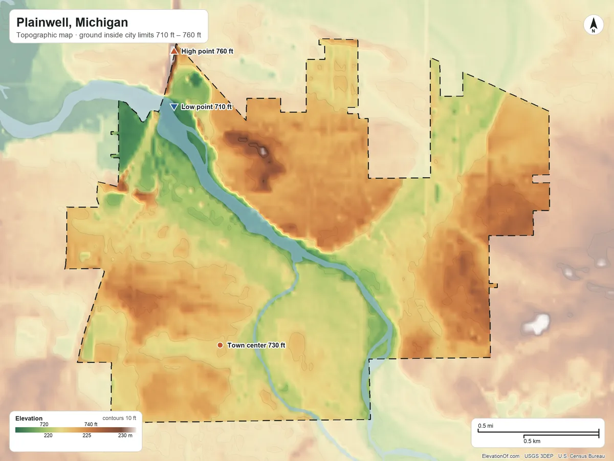 Topographic elevation map of Plainwell, Michigan, shaded from 710 ft on the north side to 760 ft on the north side