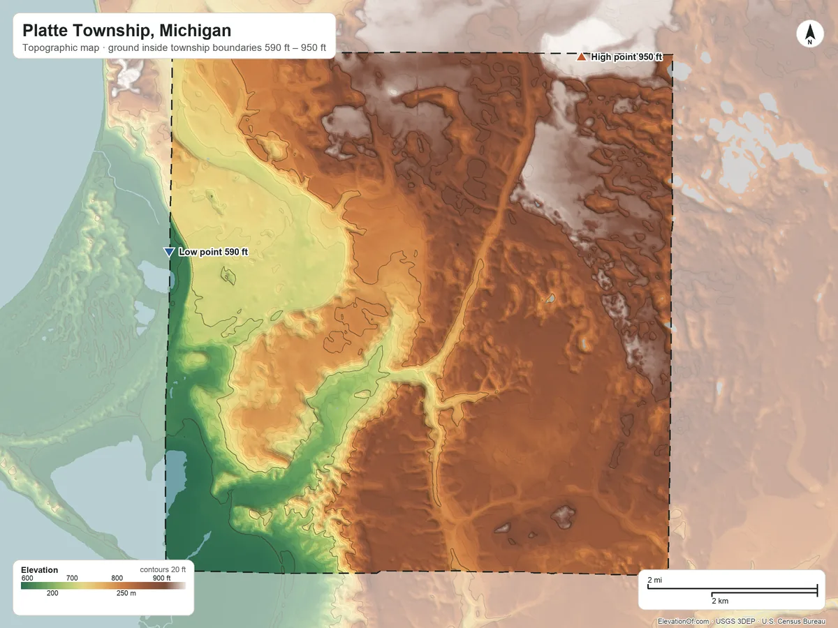 Topographic elevation map of Platte Township, Michigan, shaded from 590 ft on the west side to 950 ft on the northeast side