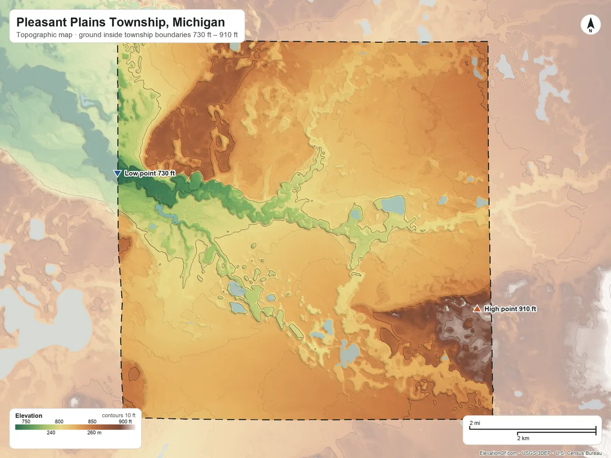 Topographic elevation map of Pleasant Plains Township, Michigan, shaded from 730 ft on the west side to 910 ft on the southeast side