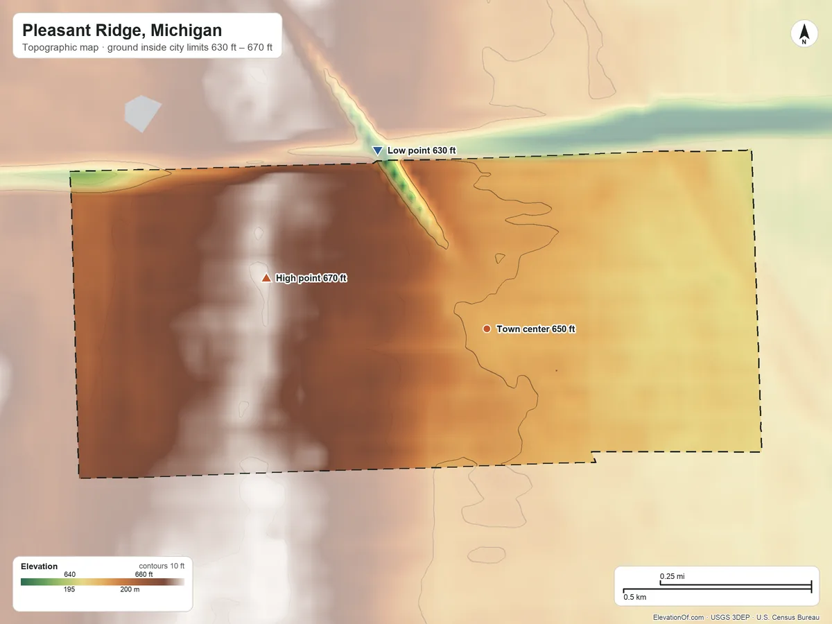 Topographic elevation map of Pleasant Ridge, Michigan, shaded from 630 ft on the northwest side to 670 ft on the west side