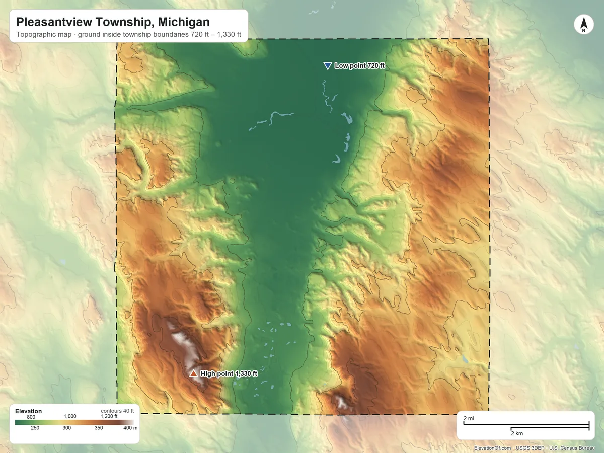 Topographic elevation map of Pleasantview Township, Michigan, shaded from 720 ft on the north side to 1,330 ft on the west side