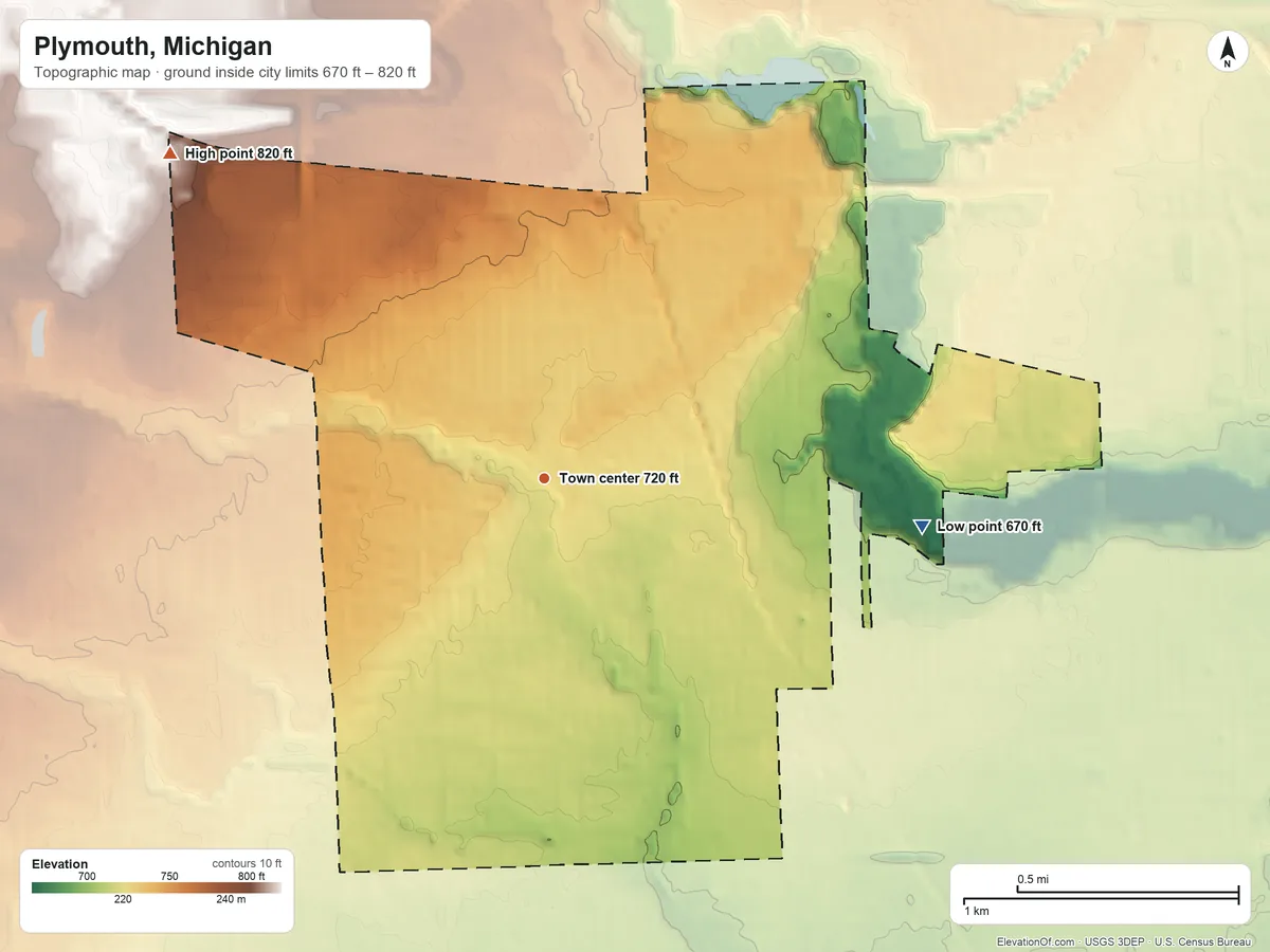 Topographic elevation map of Plymouth, Michigan, shaded from 670 ft on the east side to 820 ft on the northwest side