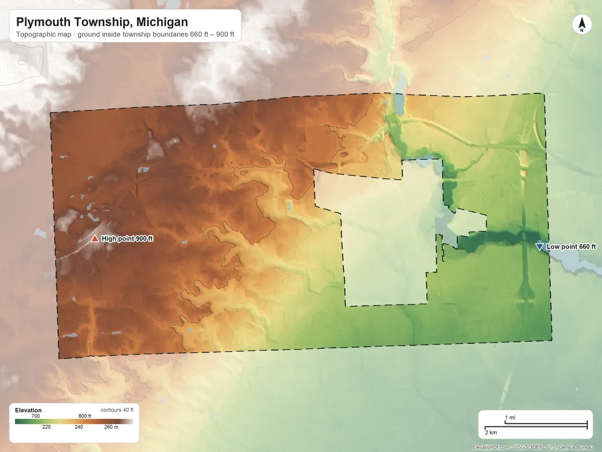 Topographic elevation map of Plymouth Township, Michigan, shaded from 660 ft on the east side to 900 ft on the west side