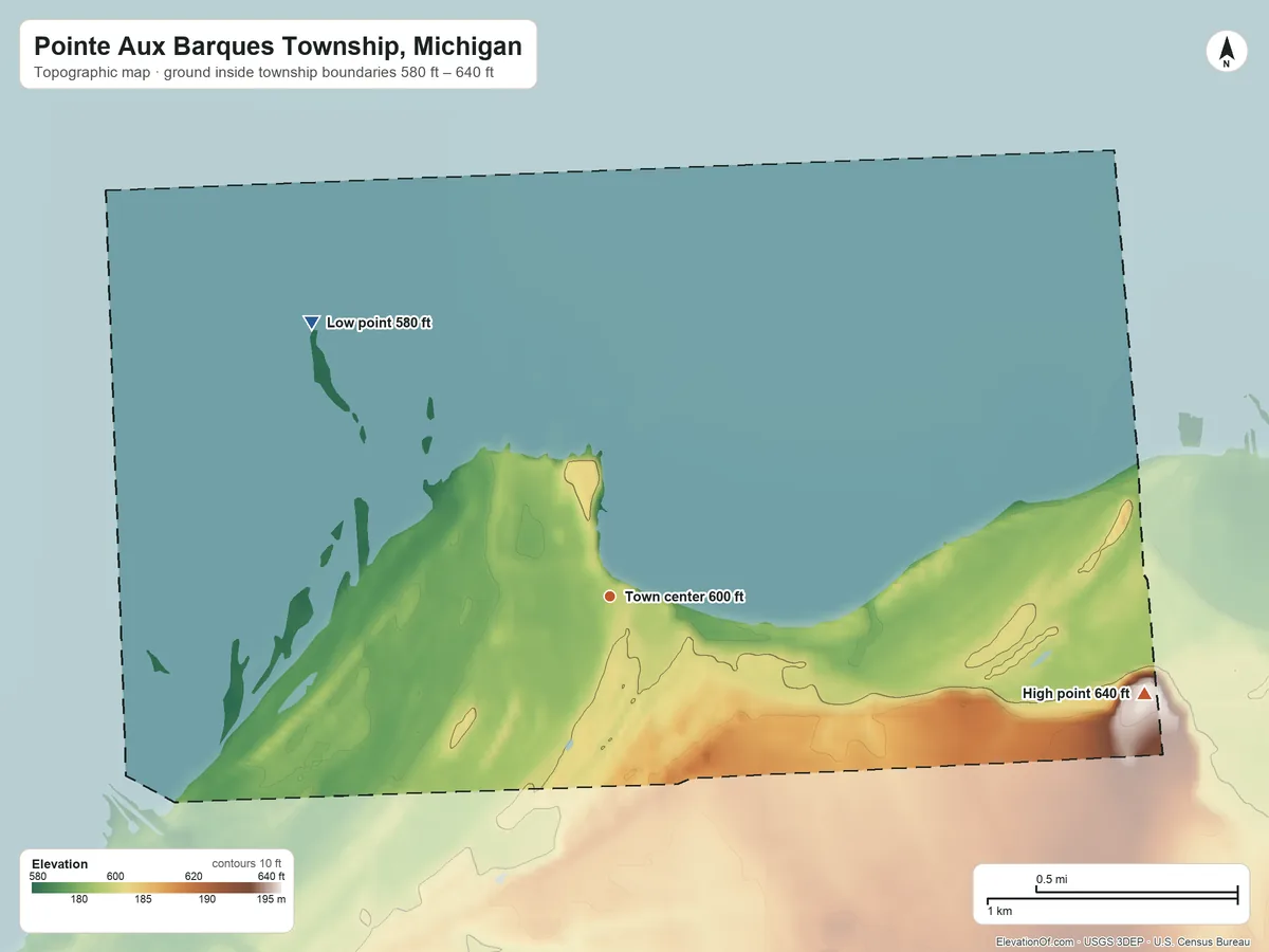 Topographic elevation map of Pointe Aux Barques Township, Michigan, shaded from 580 ft on the northwest side to 640 ft on the east side