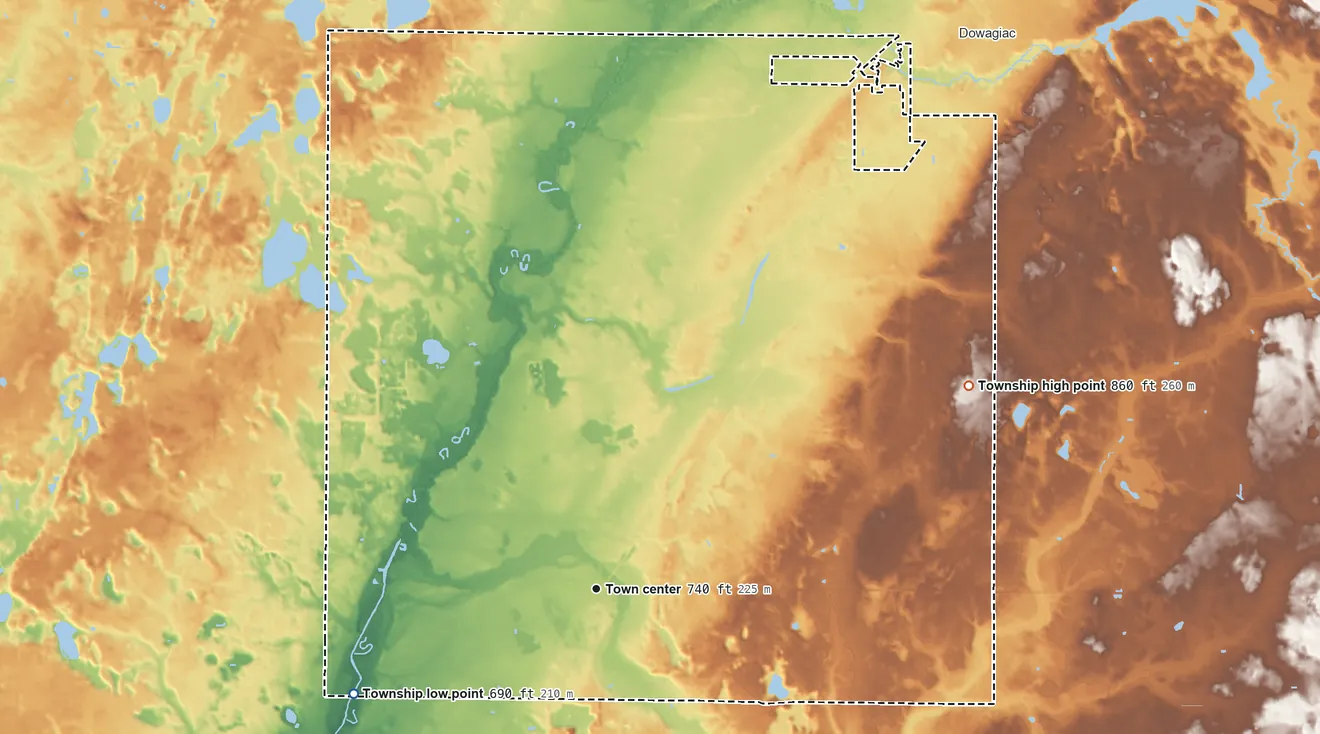 Topographic elevation map of Pokagon Township, Michigan, shaded from 690 ft on the southwest side to 860 ft on the northeast side