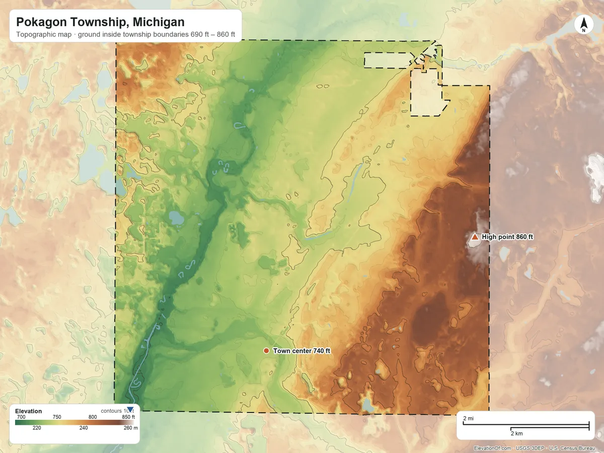 Topographic elevation map of Pokagon Township, Michigan, shaded from 690 ft on the southwest side to 860 ft on the northeast side