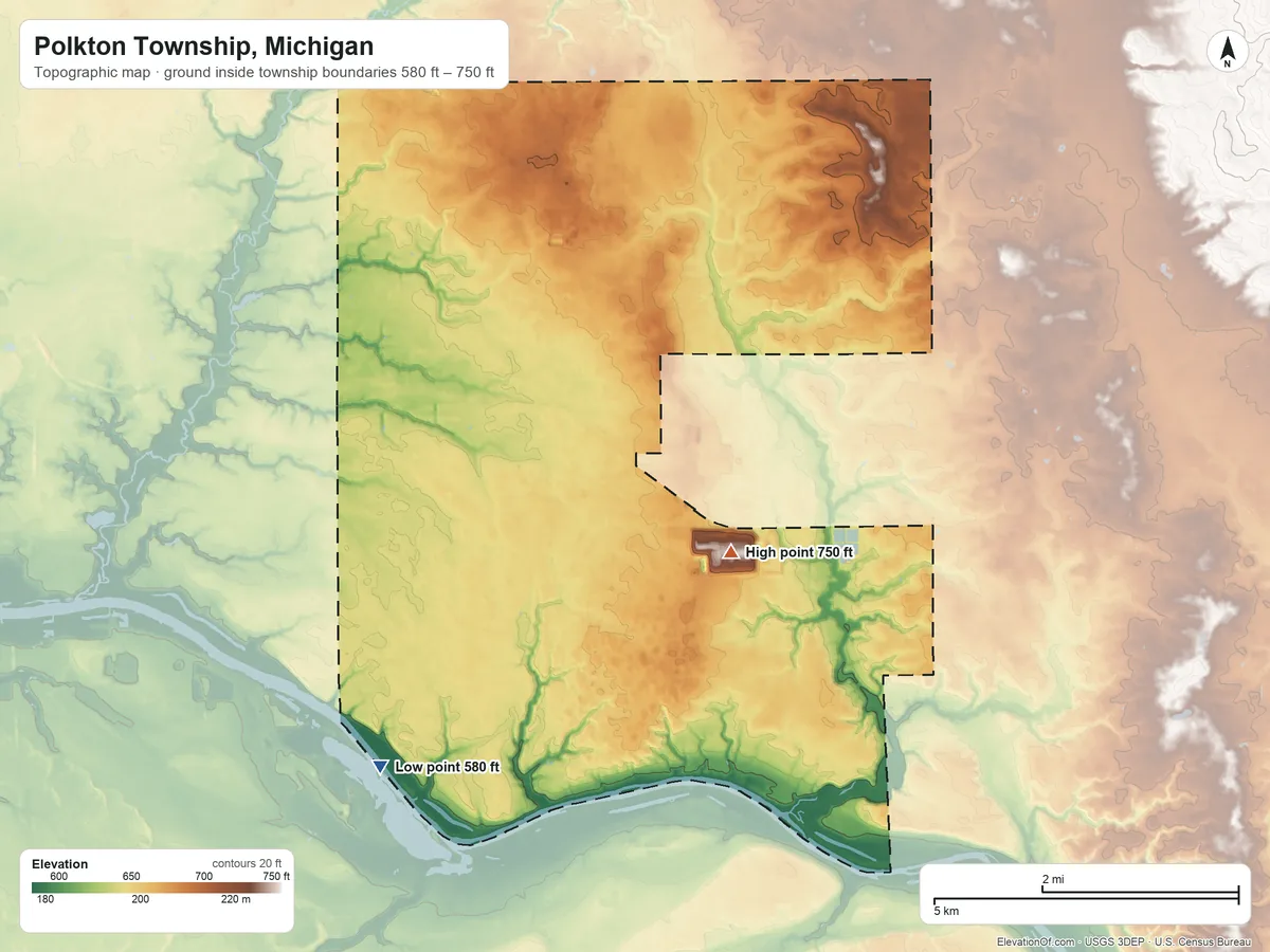 Topographic elevation map of Polkton Township, Michigan, shaded from 580 ft on the southwest side to 750 ft near the middle