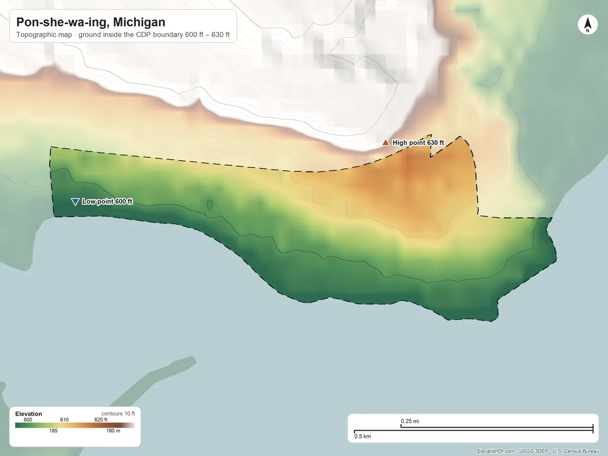 Topographic elevation map of Pon-she-wa-ing, Michigan, shaded from 600 ft on the west side to 630 ft at the foot of the Chandler Hills