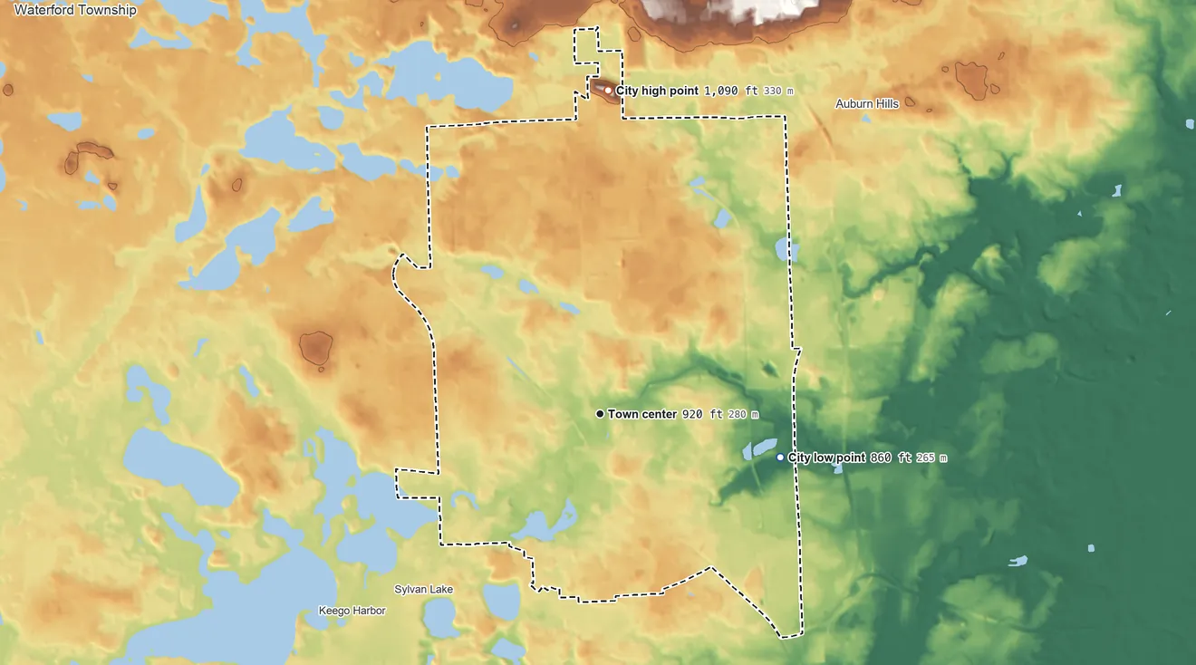 Topographic elevation map of Pontiac, Michigan, shaded from 860 ft on the east side to 1,090 ft on the north side