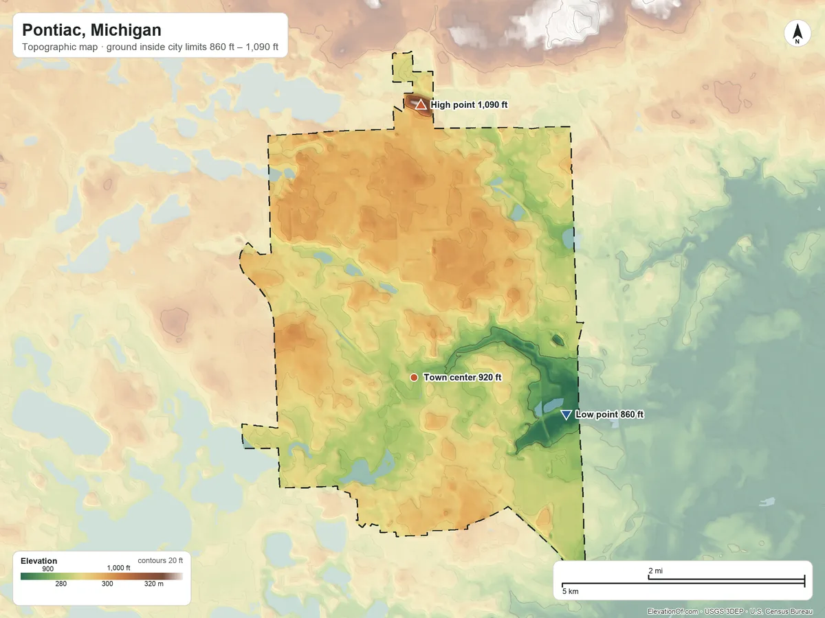 Topographic elevation map of Pontiac, Michigan, shaded from 860 ft on the east side to 1,090 ft on the north side