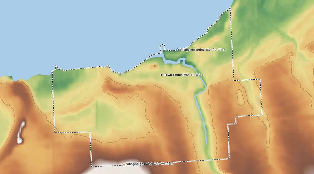 Topographic elevation map of Port Austin, Michigan, shaded from 580 ft on the northeast side to 620 ft on the southwest side