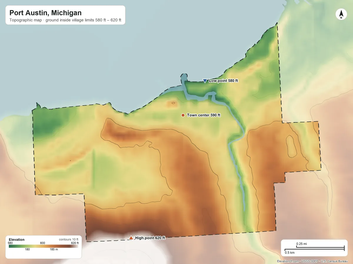 Topographic elevation map of Port Austin, Michigan, shaded from 580 ft on the northeast side to 620 ft on the southwest side