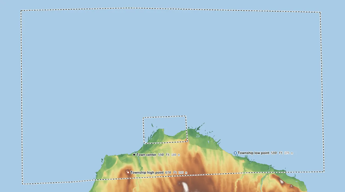 Topographic elevation map of Port Austin Township, Michigan, shaded from 580 ft on the east side to 670 ft near the middle