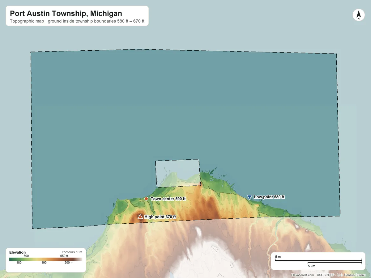 Topographic elevation map of Port Austin Township, Michigan, shaded from 580 ft on the east side to 670 ft near the middle