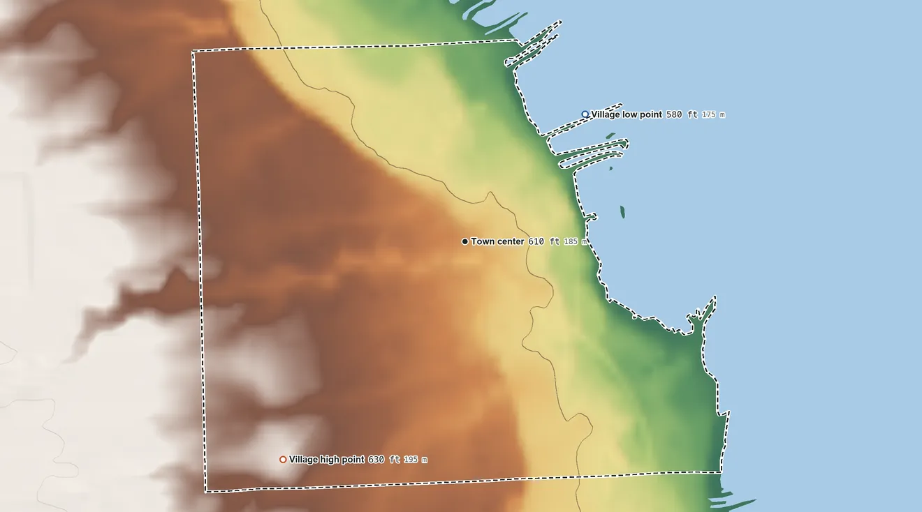 Topographic elevation map of Port Hope, Michigan, shaded from 580 ft on the northeast side to 630 ft on the southwest side