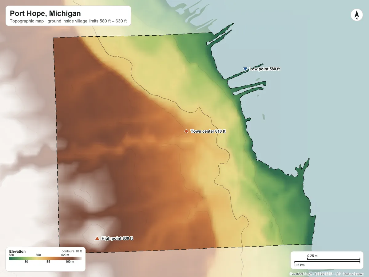 Topographic elevation map of Port Hope, Michigan, shaded from 580 ft on the northeast side to 630 ft on the southwest side