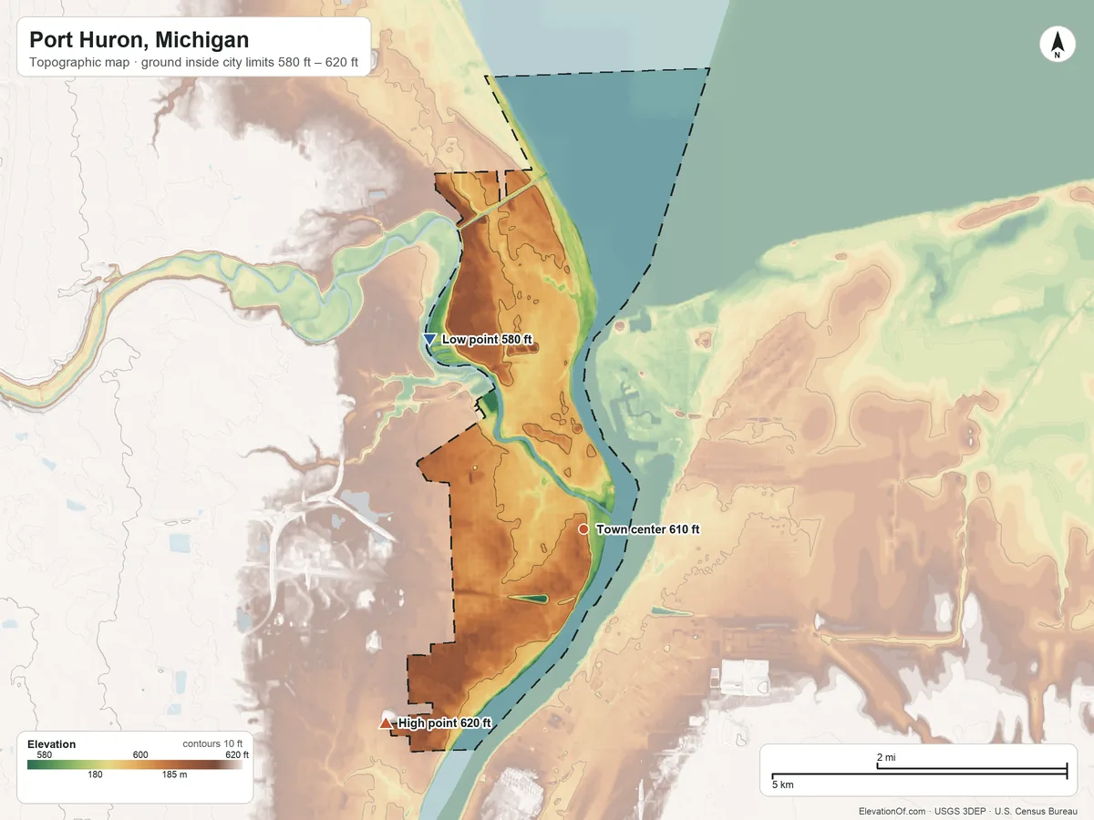 Topographic elevation map of Port Huron, Michigan, shaded from 580 ft on the northwest side to 620 ft on the southwest side