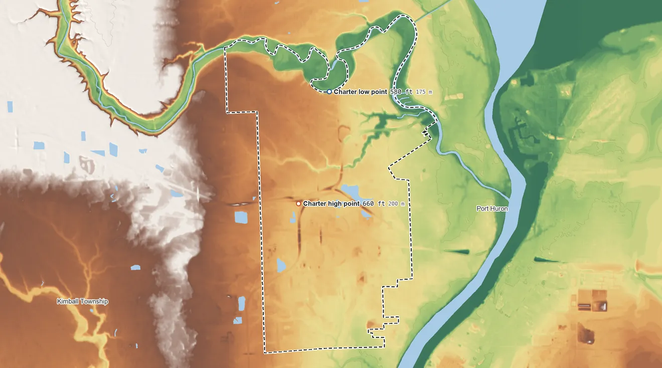 Topographic elevation map of Port Huron Township, Michigan, shaded from 580 ft on the north side to 660 ft near the middle