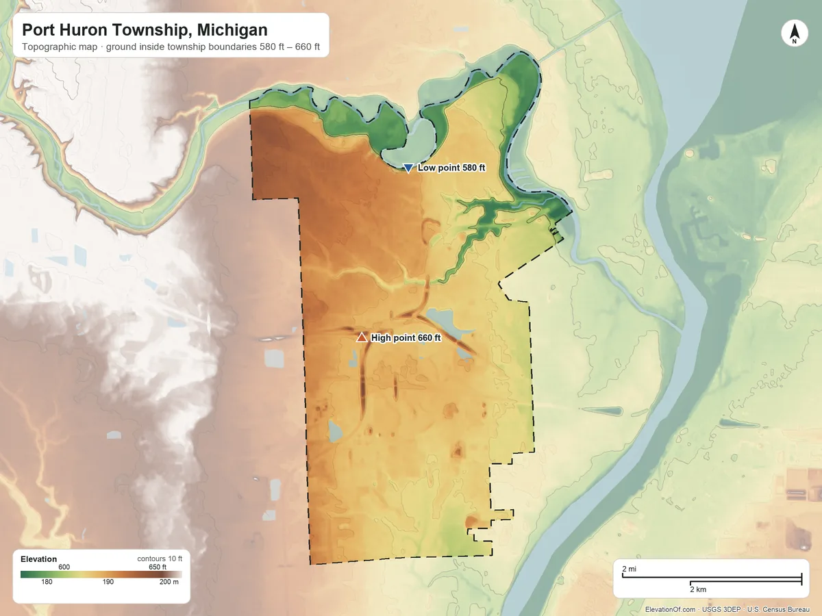 Topographic elevation map of Port Huron Township, Michigan, shaded from 580 ft on the north side to 660 ft near the middle