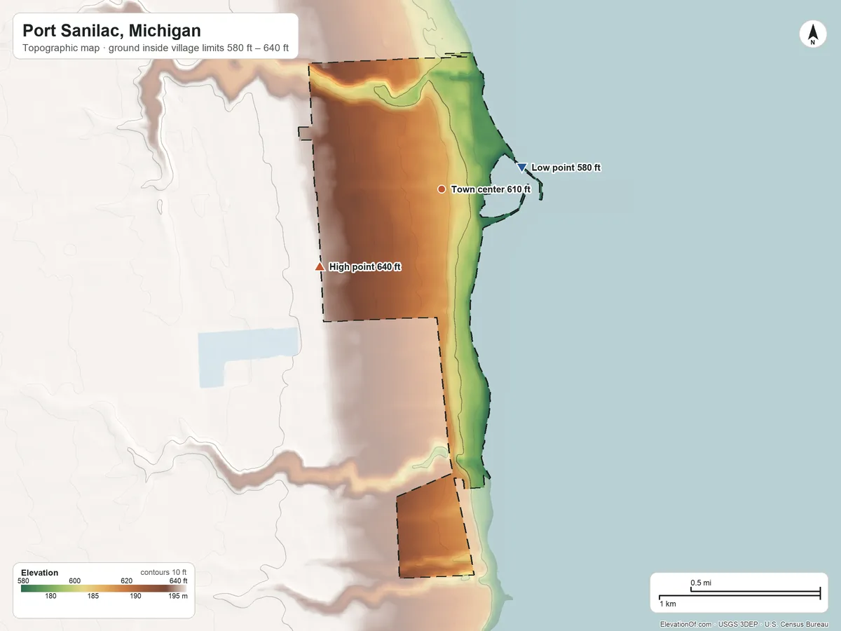 Topographic elevation map of Port Sanilac, Michigan, shaded from 580 ft on the east side to 640 ft on the southwest side