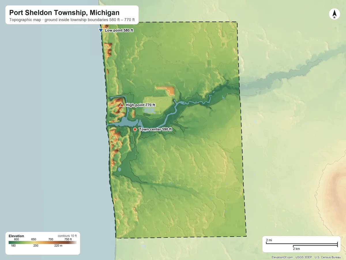 Topographic elevation map of Port Sheldon Township, Michigan, shaded from 580 ft on the north side to 770 ft on the northwest side