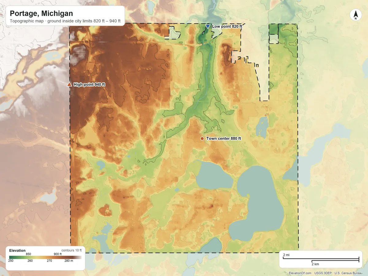 Topographic elevation map of Portage, Michigan, shaded from 820 ft on the north side to 940 ft on the west side