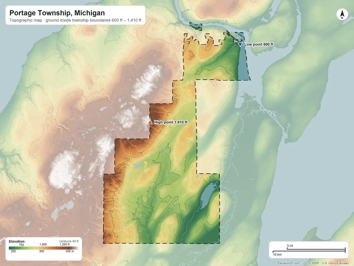 Topographic elevation map of Portage Township, Michigan, shaded from 600 ft on the northeast side to 1,410 ft on the southwest side