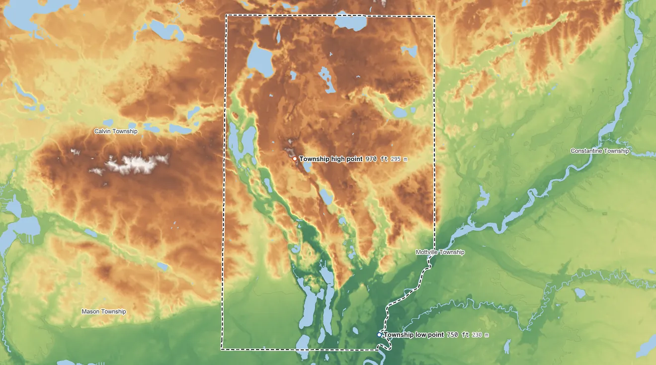 Topographic elevation map of Porter Township, Michigan, shaded from 750 ft on the southeast side to 970 ft on the north side