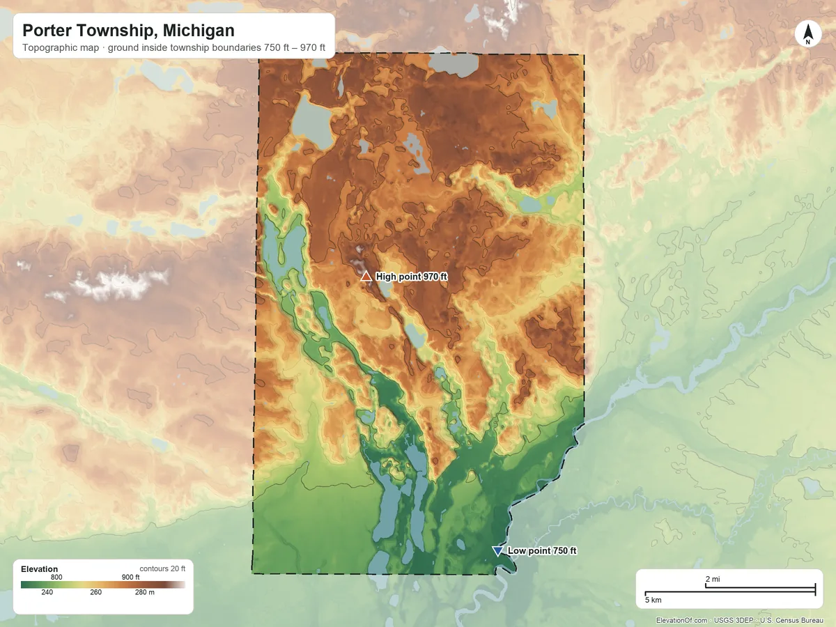 Topographic elevation map of Porter Township, Michigan, shaded from 750 ft on the southeast side to 970 ft on the north side