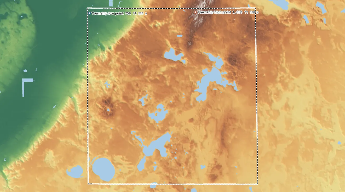 Topographic elevation map of Porter Township, Van Buren County, Michigan, shaded from 750 ft on the northwest side to 1,050 ft on the northeast side
