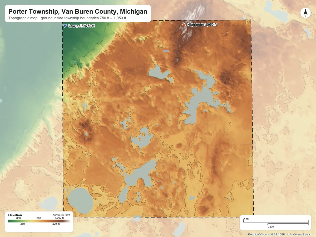 Topographic elevation map of Porter Township, Van Buren County, Michigan, shaded from 750 ft on the northwest side to 1,050 ft on the northeast side