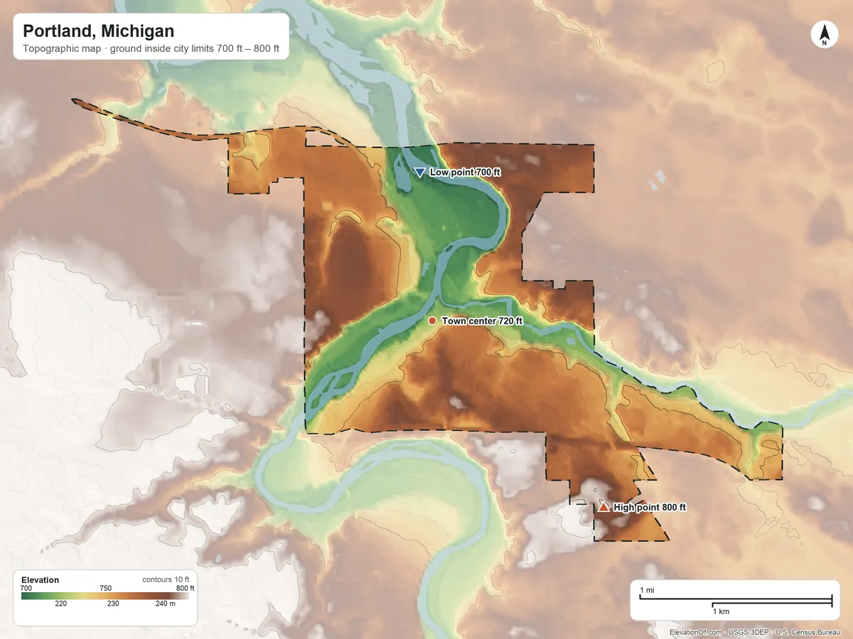 Topographic elevation map of Portland, Michigan, shaded from 700 ft on the north side to 800 ft on the southeast side