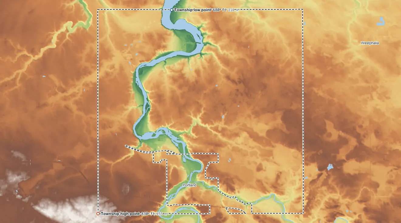 Topographic elevation map of Portland Township, Michigan, shaded from 680 ft on the north side to 830 ft on the southwest side