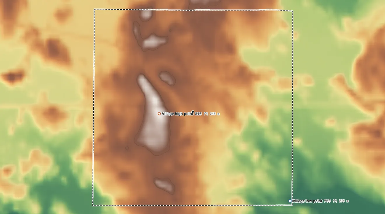 Topographic elevation map of Posen, Michigan, shaded from 760 ft on the southeast side to 810 ft on the west side