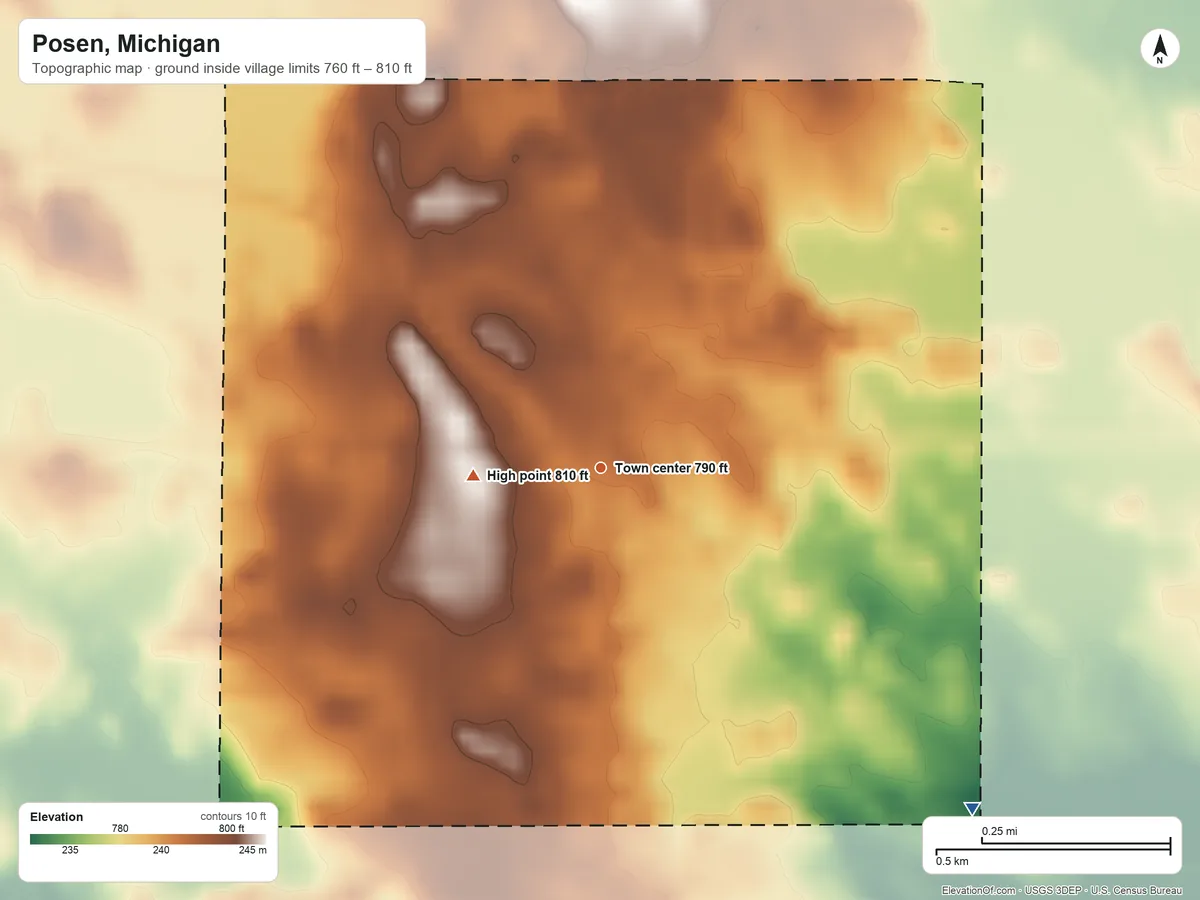 Topographic elevation map of Posen, Michigan, shaded from 760 ft on the southeast side to 810 ft on the west side