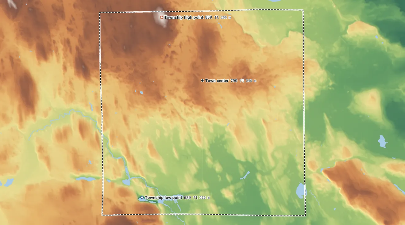 Topographic elevation map of Posen Township, Michigan, shaded from 680 ft on the southwest side to 850 ft on the northwest side