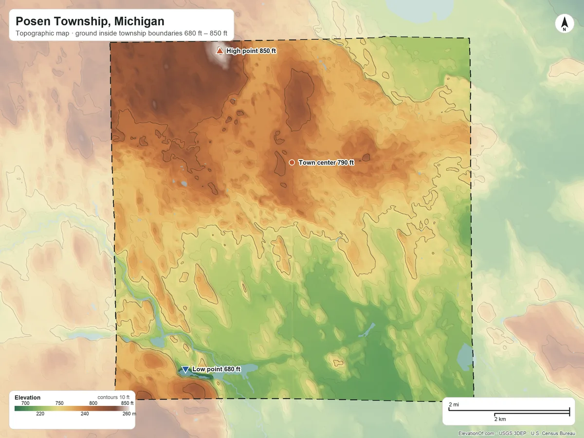 Topographic elevation map of Posen Township, Michigan, shaded from 680 ft on the southwest side to 850 ft on the northwest side