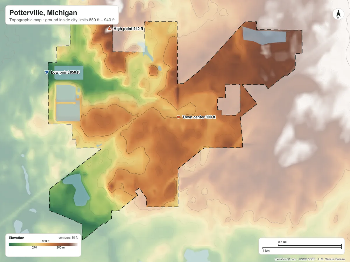 Topographic elevation map of Potterville, Michigan, shaded from 850 ft on the west side to 940 ft on the northwest side