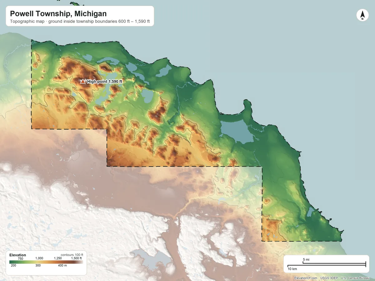 Topographic elevation map of Powell Township, Michigan, shaded from 600 ft on the northwest side to 1,590 ft on Mount Benison