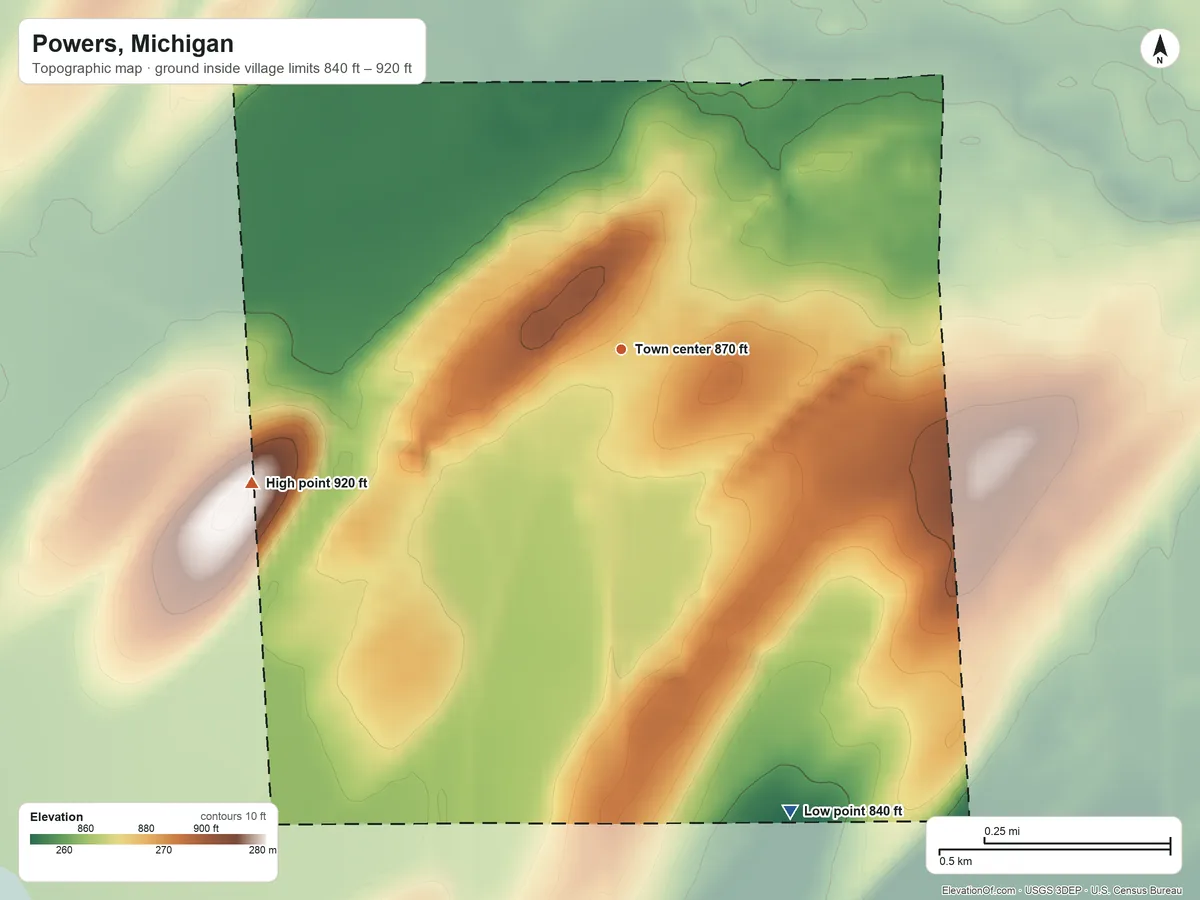 Topographic elevation map of Powers, Michigan, shaded from 840 ft on the south side to 920 ft on the west side