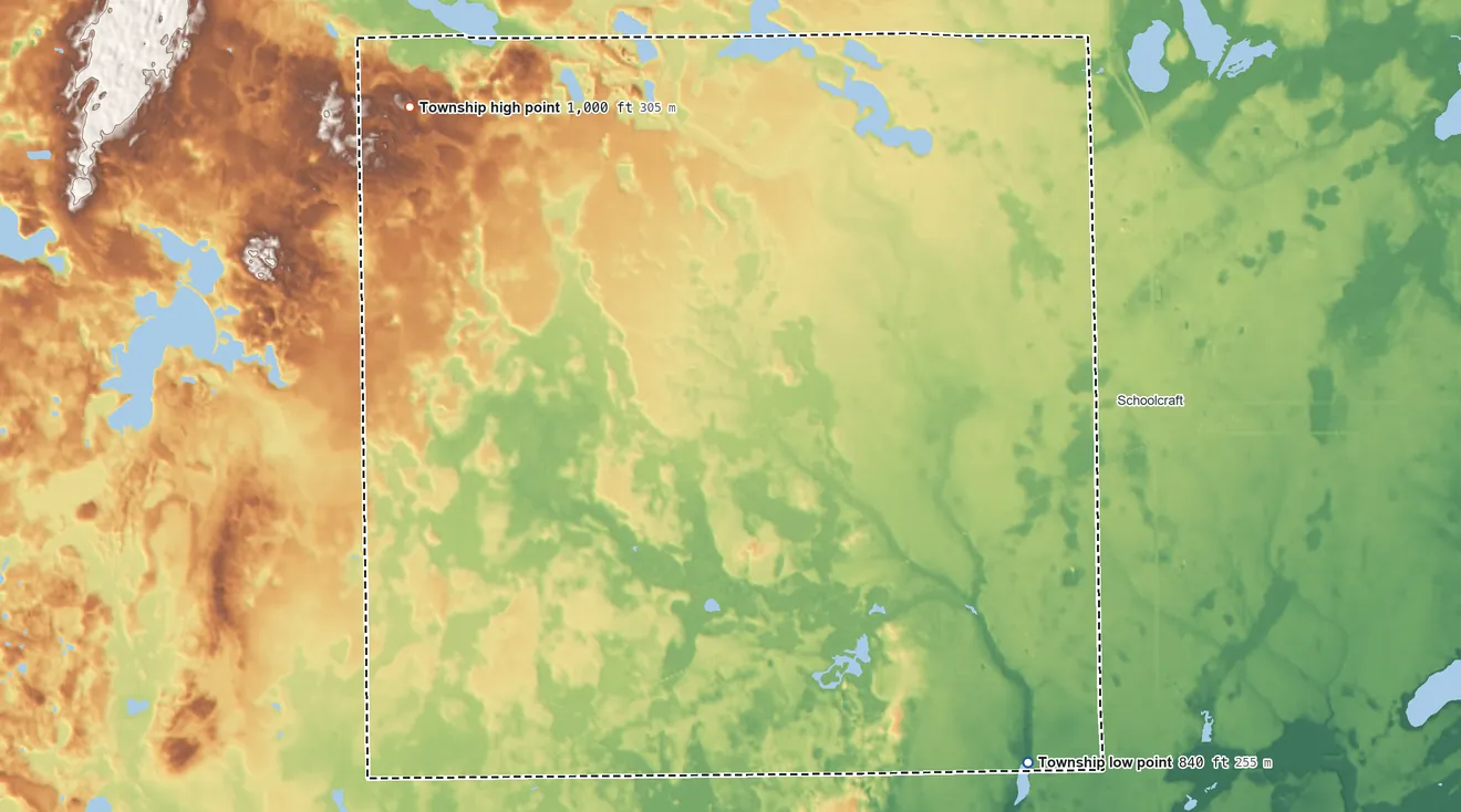 Topographic elevation map of Prairie Ronde Township, Michigan, shaded from 840 ft on the southeast side to 1,000 ft on the northwest side