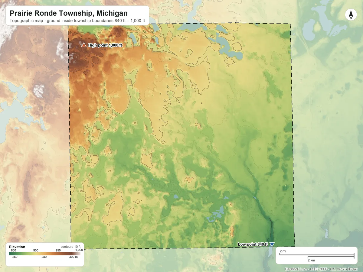 Topographic elevation map of Prairie Ronde Township, Michigan, shaded from 840 ft on the southeast side to 1,000 ft on the northwest side