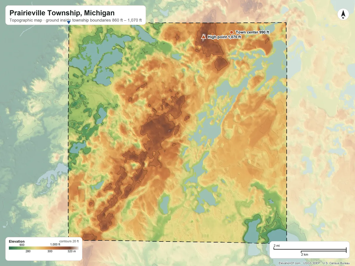 Topographic elevation map of Prairieville Township, Michigan, shaded from 860 ft on the west side to 1,070 ft near the middle